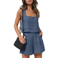 Cassie Sommerlicher Zweiteiler | Modernes ärmelloses Oberteil weite Shorts Sommer Set – Königsblau