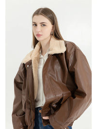 Klefynor | Winter Damen-Lederjacke mit Kunstfell, Langarm, Warm und Locker aus PU – Braun
