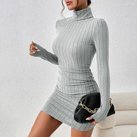 Selena Geripptes Rollkragen Bodycon Minikleid – Grau