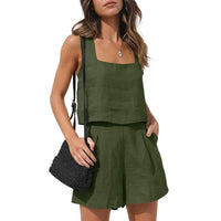 Cassie Sommerlicher Zweiteiler | Modernes ärmelloses Oberteil weite Shorts Sommer Set – Oliv