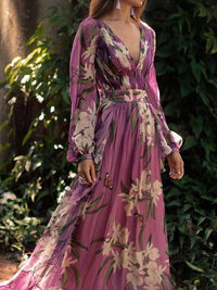 Frieda Maxikleid | Blumenbedrucktes Langarm-A-Linien-Kleid – Lila