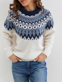 Norweger Grobstrickpullover Damen | Rundhals Mit Fair Isle Muster – Weiß