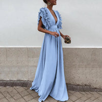 Heidi-Mode | Tiefes V-Ausschnitt Kleid Mit Rüschensleeven – Blau