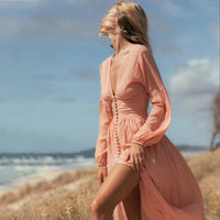 Lina Sommerkleid | Langes, schickes Damenkleid mit kurzen Ärmeln und V-Ausschnitt – Rosa