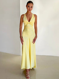 Abendkleid für Damen - Elegantes Maxikleid mit V-Ausschnitt für Sommer – Gelb