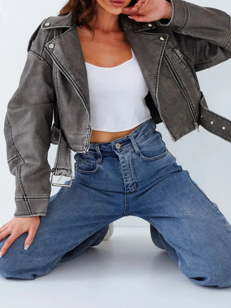 Olinthaveia | Vintage Damen Streetwear Kurzlederjacke