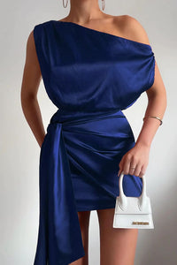 Damen Ein Schulter Mini Satin Kleid – Dunkelblau