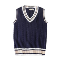 Dicker V-Ausschnitt ärmelloser Strickpullover – Blau