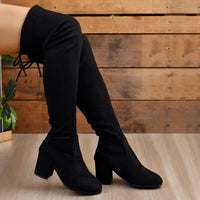 Damen-Overknee-Stiefel mit Blockabsatz | hohe schaftausführung – Schwarz