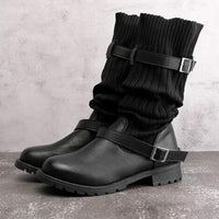 Poirila | Warme Wolle strickende Lederstiefel für Frauen – Schwarz