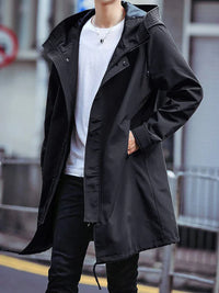 Regenjacke für Herren | Lange Übergangsjacke mit Kapuze – Schwarz