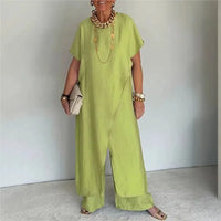 Aurenya™ Set Mit Asymmetrischer Tunika und Fließender Pantalonhose – Hellgrün