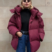 Übergröße PufferJacke mit Kapuze – Weinrot
