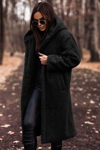 Damen Winter Kapuze Weich Langer Mantel | Warme – Schwarz