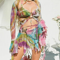 Heidi-Mode | Mesh Schmetterling Crop Top und Minirock Tie Dye Set – Grünes Set