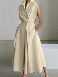 Scarlett Langes Kleid | Modernes V-Ausschnitt Midikleid mit Taschen – Beige
