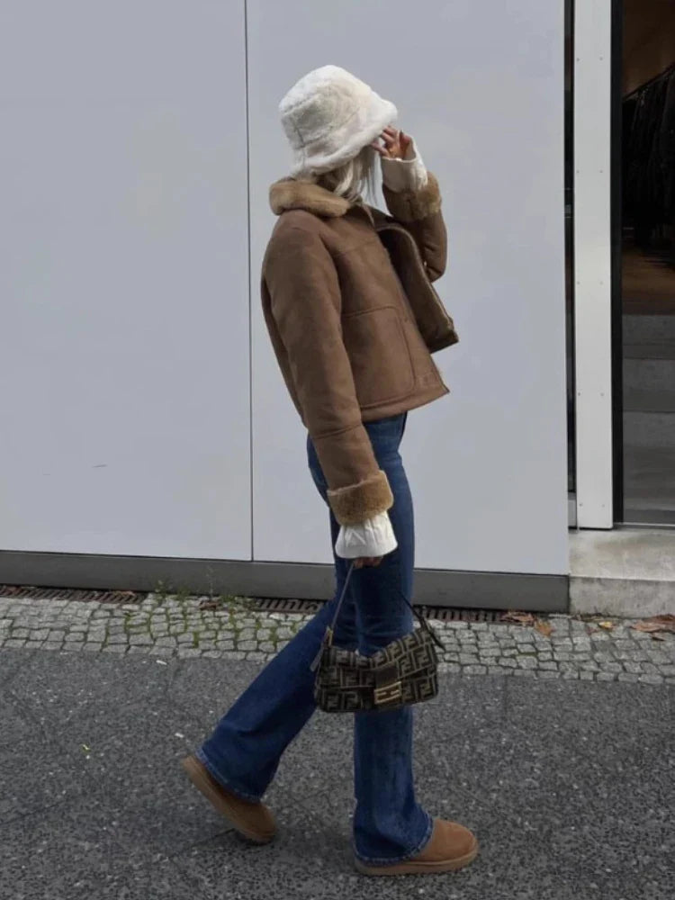 Olivareia | Damen Fashion Lederjacke mit Teddy-Panel und Reißverschluss