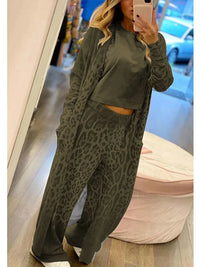 Nina - Leoparden Langarm-Strickjacke und Taillenhosen-Set – Grün