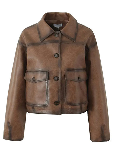 Wispose | Damen retro lederjacke unifarbe mit knöpfen