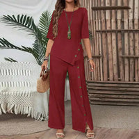 Celinor™ Set Mit Fließender Bluse und Marlenehose – Bordeauxrot
