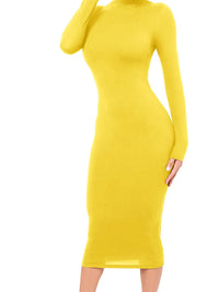 Damen Langarm Rollkragen Midi Etui Kleid – Gelb