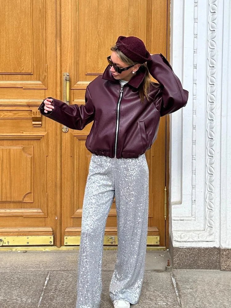 Klenethis | Damen PU Lederjacke mit Reverskragen, Reißverschluss, Taschen – Kurz für Herbst/Winter