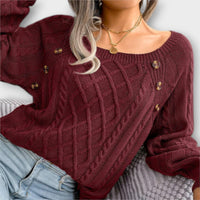 Eleganter Zopfmuster-Pullover – Mit Knopfdetails – Bordeaux