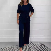 Aurelle™ Premium-Strickset mit Bluse mit Frontschnürung und fließender Hose / Das Wildcard-Teil der modernen Garderobe! – Marine