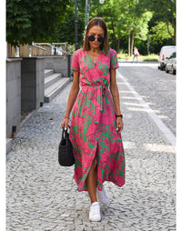 Zayvia - Figurformendes Soft-Touch-Kleid mit V-Ausschnitt – Pink und Grün