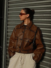Wispose | Damen retro lederjacke unifarbe mit knöpfen – Braun