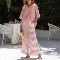Callenne™-Set aus Baumwoll-Leinen mit Elegantem Kontrast – Rosa