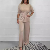 Aurelle™ Premium-Strickset mit Bluse mit Frontschnürung und fließender Hose / Das Wildcard-Teil der modernen Garderobe! – Beige
