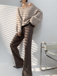 Damen Gerippt Lang Stoffhose – Braun