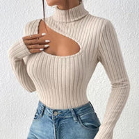 Damen Gerippter Rollkragen Pullover | Hohle Truhe – Beige