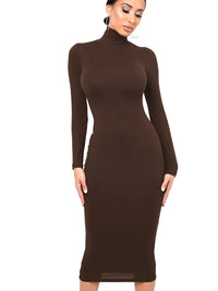 Damen Langarm Rollkragen Midi Etui Kleid – Kaffee