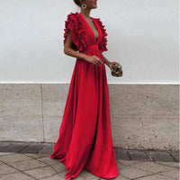 Heidi-Mode | Tiefes V-Ausschnitt Kleid Mit Rüschensleeven – Rot