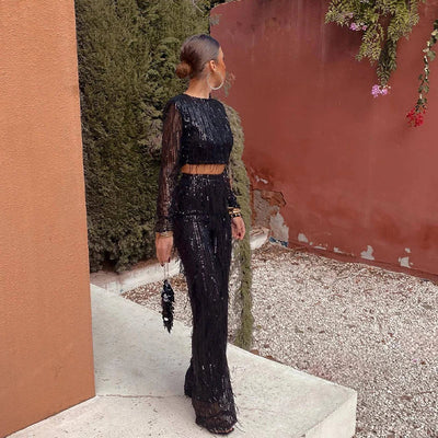 Heidi-Mode | Quaste Pailletten Frauen 2 Teilig Set Herbst Silber Licht Seide O-Ausschnitt Crop Tops Breite Bein Hosen Damen Anzug Mode Straße Damen Set