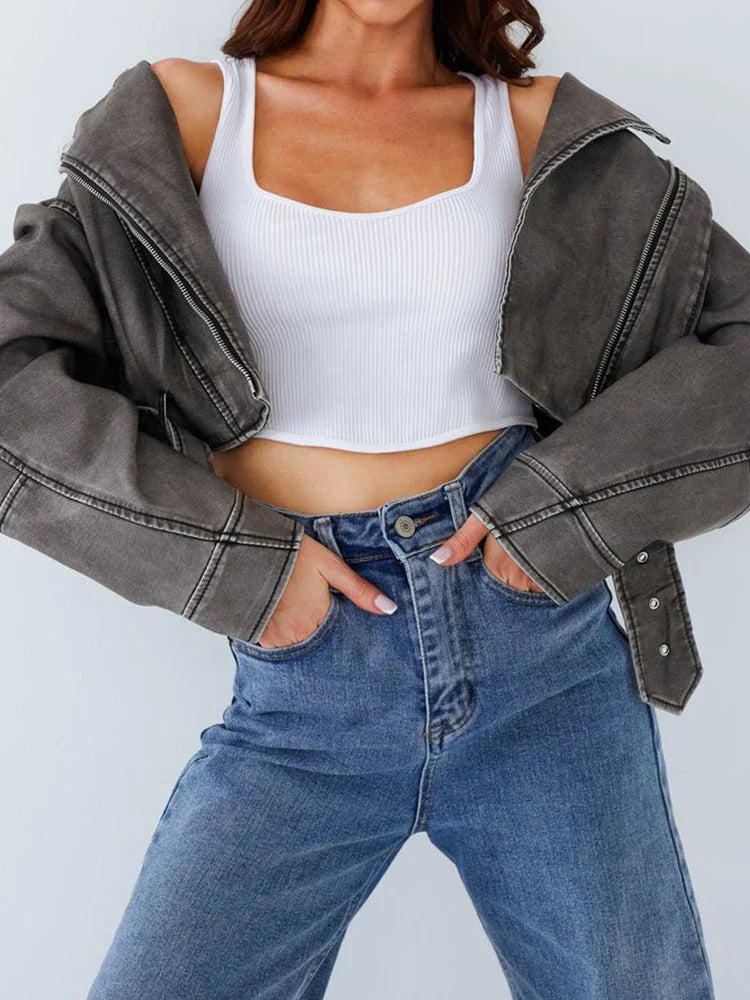 Olinthaveia | Vintage Damen Streetwear Kurzlederjacke