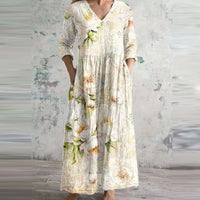 Ais™| Sommerkleid aus Leinen & Baumwolle mit Blumenmuster – Weiß