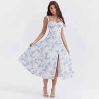 Linda | Damen Blumenkleid Korsett Seitenschlitz Midi – Blumen Korsett Midi 2026 – Blaues Blumen-Linsay