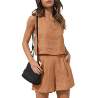 Cassie Sommerlicher Zweiteiler | Modernes ärmelloses Oberteil weite Shorts Sommer Set – Braun