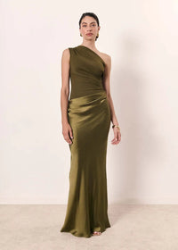Aleida – Ein-Schulter-Maxikleid Aus Satin – Olivgrün