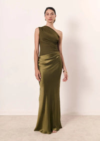 Amber™ – Ein Schulter Satin Maxikleid – Olivgrün