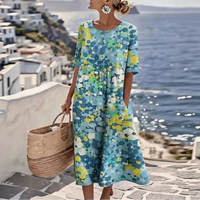 Kleid Florenne™ mit abstraktem Blumenmuster und weiter Passform – Blau