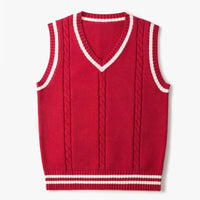 Dicker V-Ausschnitt ärmelloser Strickpullover – Rot