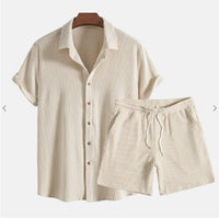 Jorvian - Strukturiertes Set aus Sommerhemd und Shorts – Aprikose