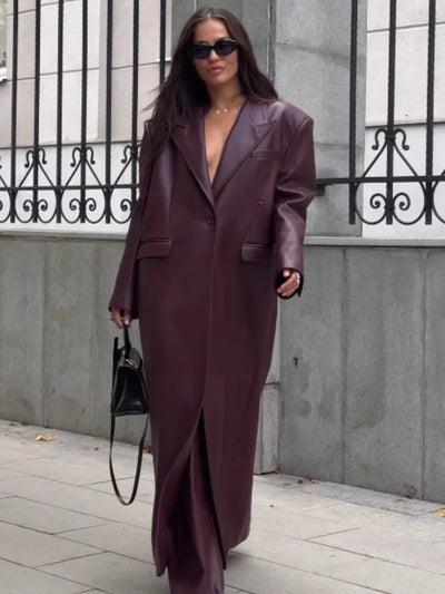 Fatim | Oversized Burgunderroter PU-Ledermantel für Damen
