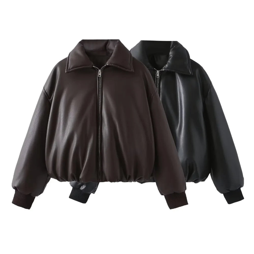 Olivasteia | Damen Lederjacke Gepolsterte Kurze Bomberjacke Warm