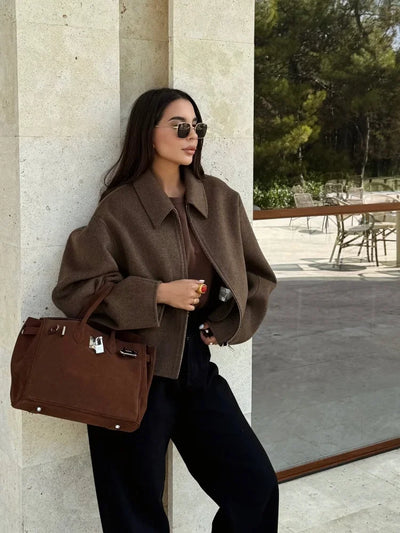 Klesonith | Modische braune Wolljacke mit Reißverschluss für Damen