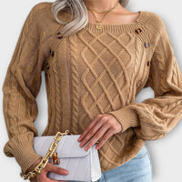 Eleganter Zopfmuster-Pullover – Mit Knopfdetails – Khaki